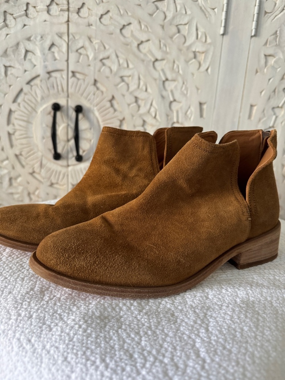 beek Suede Cutout Ankle Booties in Caramel Brown